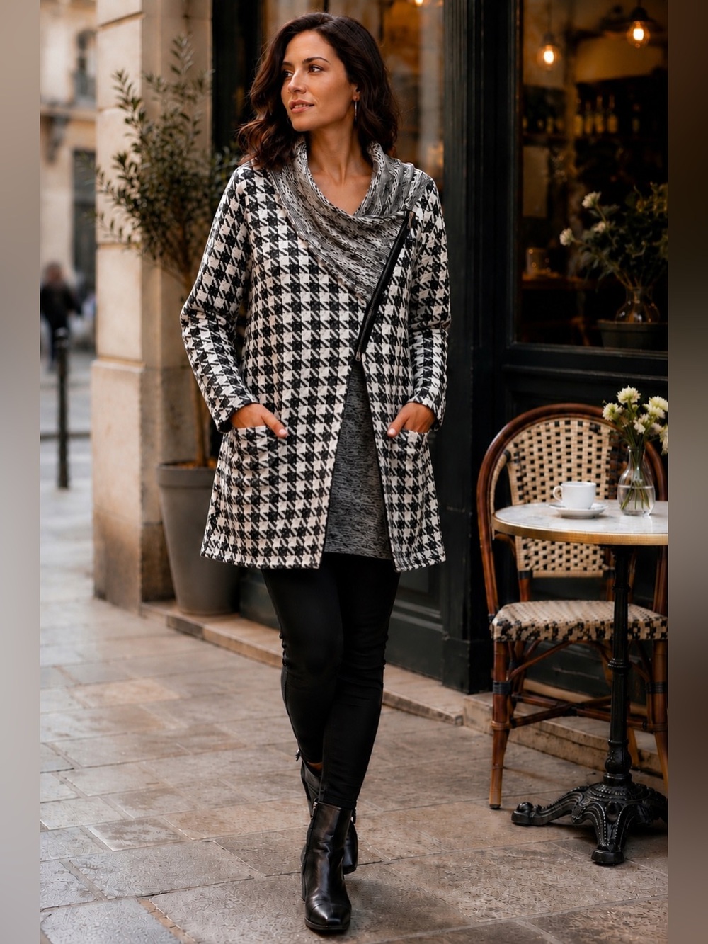 Femme Fatale Italy Houndstooth Asymmetrical Zip Cowl Tunic Sweater L Lagenlook